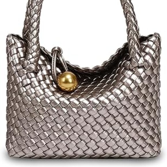 Neiman Marcus Metallic Woven Vegan Leather Handbag with Gold Sphere Clasp - Picture 3 of 3